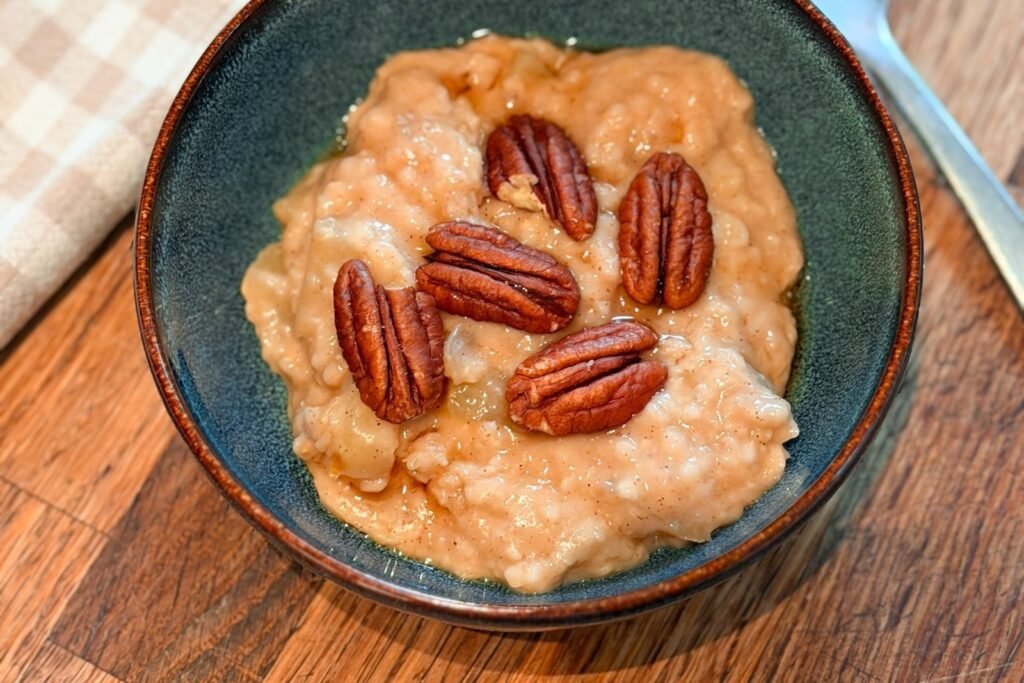A bowl of apple and cinnamon porridge topped with pecan halves and maple syrup