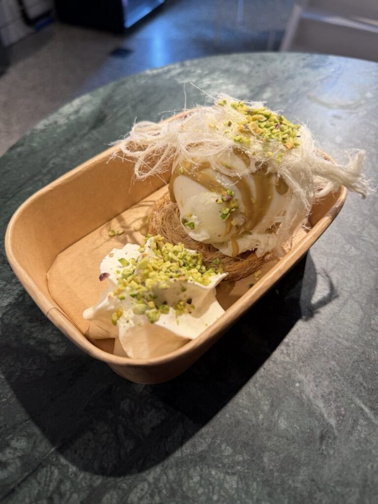 Ice cream on a kataifi nest with candy floss and pistachio at Miska, Stockel